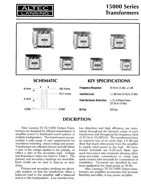 ALTEC LANSING 15000 Series Transformers Instructions Manual