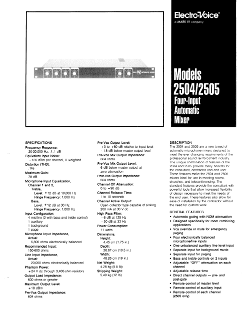 ELECTROVOICE Model 2504 Automatic Mixers Instruction Manual