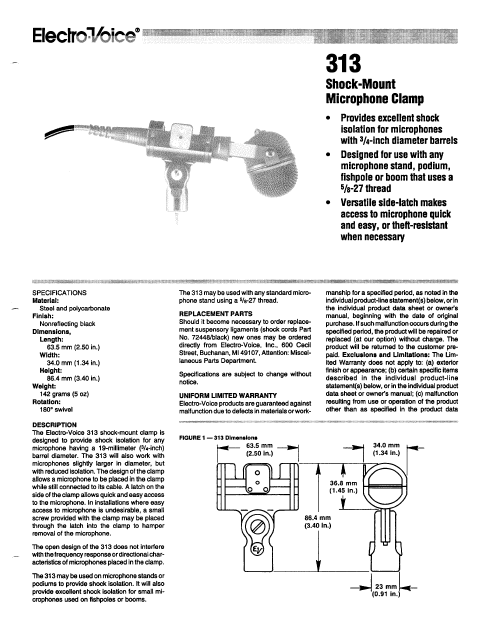ELECTROVOICE 313 Microphone Clamp Owner's Manual