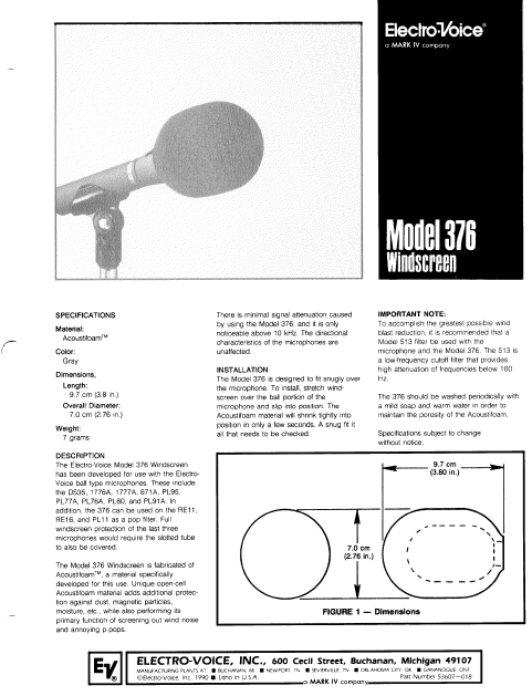 ELECTROVOICE Model 376 Windscreen Instruction Manual