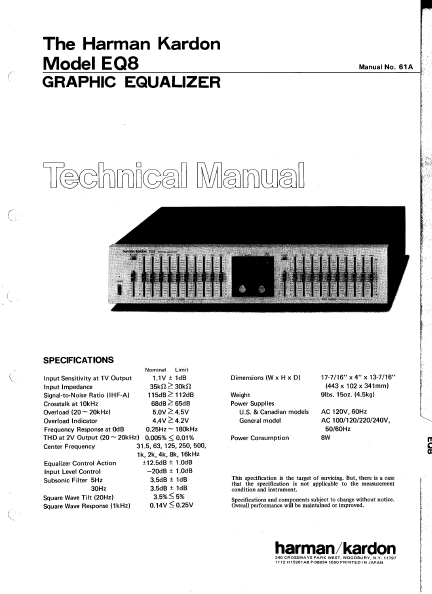 Harman Kardon Model EQ8 Graphic Equalizer Service Manual