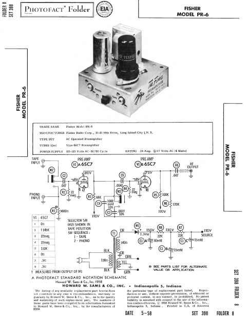 FISHER Model PR-6 Photofact Folder 8 Operation Manual