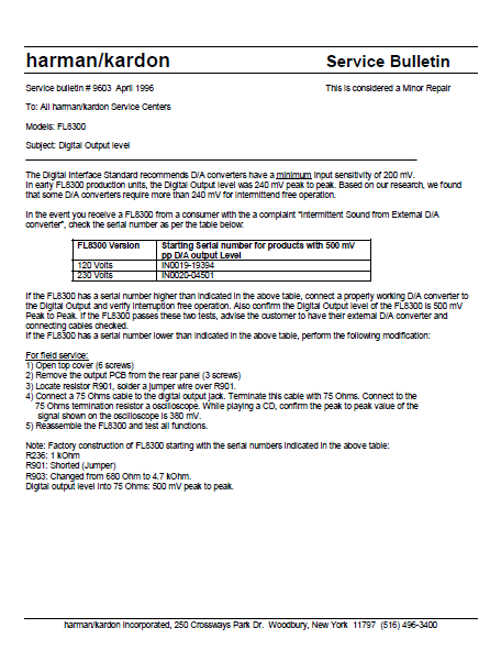 Harman Kardon Model FL8300 9603 Service Bulletin