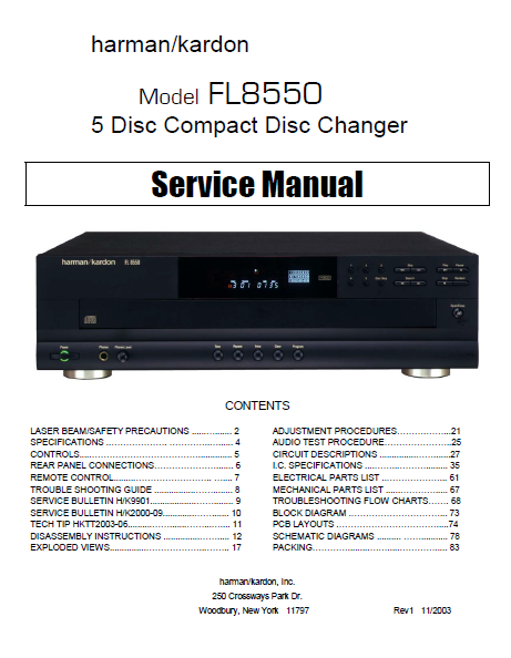 Harman Kardon Model FL8550 5Disc Compact Disc Player Service Manual