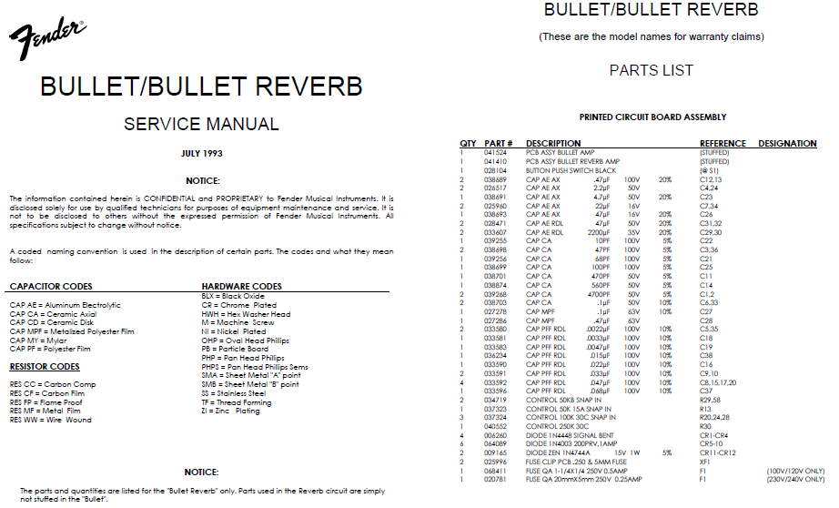 FENDER Bullet Reverb Schematics