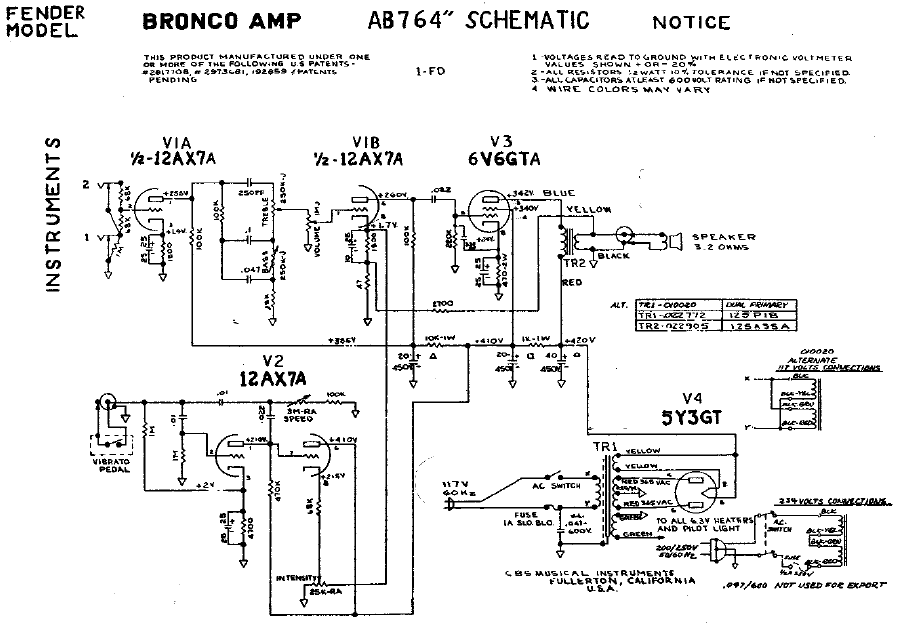 FENDER Bronco AMP AB764 Schematic
