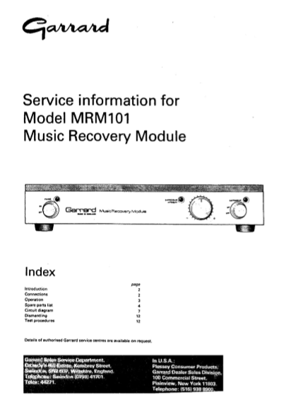 GARRARD Models MRM101 Music Recovery Module Service Manual