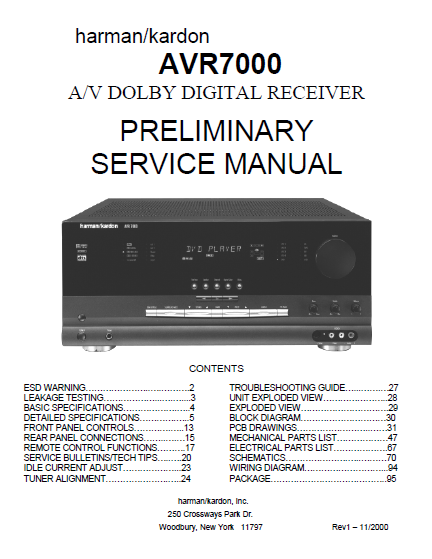 Harman Kardon Model AVR7000 AV Dolby Digital Preliminary Rev1 Service Manual