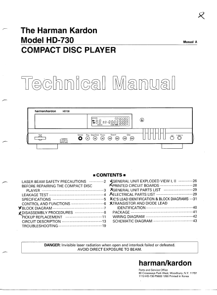 Harman Kardon Model HD-730 Compact Disc Player Technical Service Manual