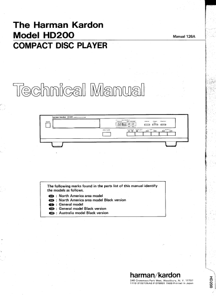 Harman Kardon Model HD200 Compact Disc Player Technical Service Manual