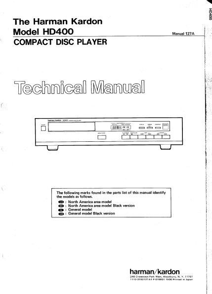 Harman Kardon Model HD400 Compact Disc Player Technical Service Manual