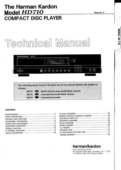 Harman Kardon Model HD710 Compact Disc Player Technical Service Manual