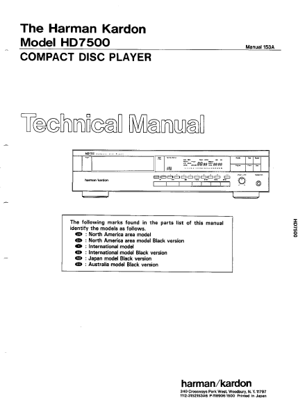 Harman Kardon Model HD7500 Compact Disc Player Technical Service Manual