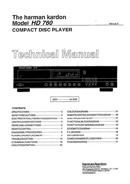 Harman Kardon Model HD 760 Compact Disc Player Technical Service Manual