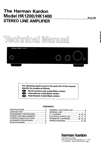 Harman Kardon Model HK1200-HK1400 Stereo Line Amplifier Technical Service Manual