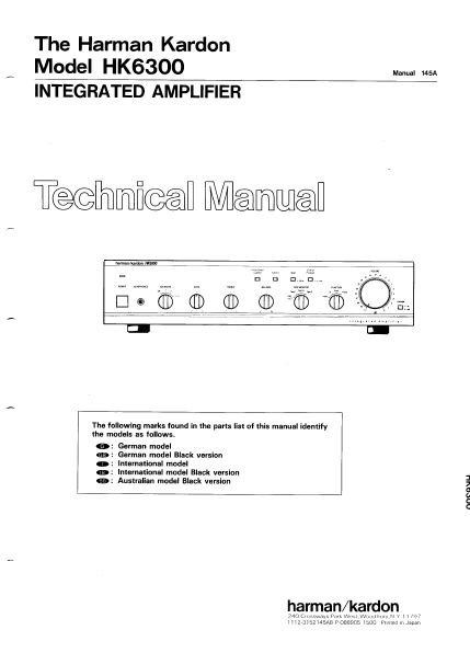 Harman Kardon Model HK6300 Integrated Amplifier Technical Service Manual