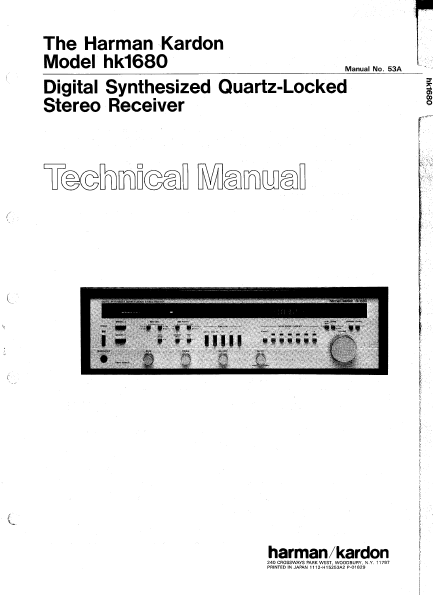 Harman Kardon hk1680 Digital Synthesized Quartz-Locked Stereo Receiver Technical Service Manual