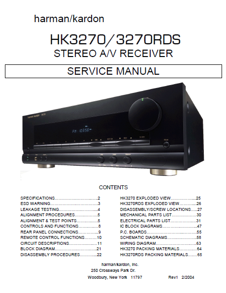 Harman Kardon HK3270-3270RDS Stereo A/V Receiver Service Manual