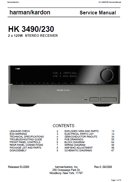 Harman Kardon HK 3490-230 2x120w Stereo Receiver Service Manual
