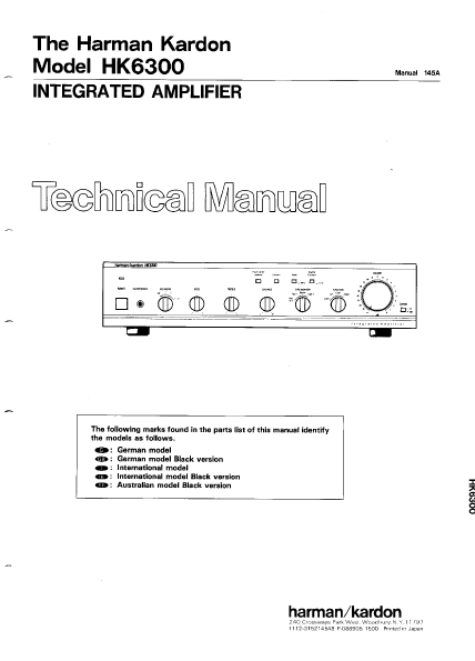 Harman Kardon Model HK6300 Integrated Amplifier Technical Service Manual