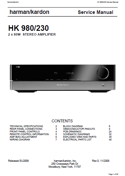 Harman Kardon HK 980-230 2x80W Stereo Amplifier Service Manual