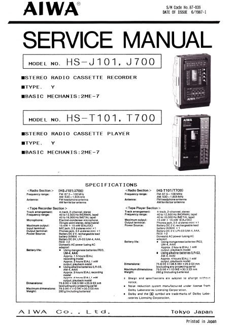 AIWA HS-J101 J700 Stereo Radio Cassette Service Manual