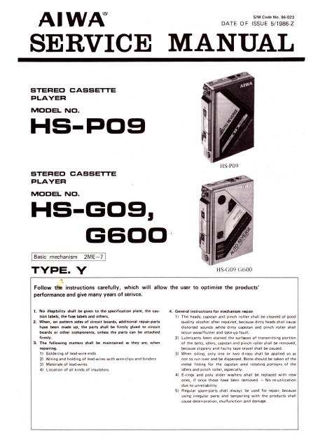 AIWA HS-P09 Stereo Cassette Player Service Manual