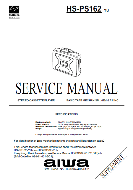 AIWA HS-PS162 YU Supplement Stereo Cassette Player Operation Manual