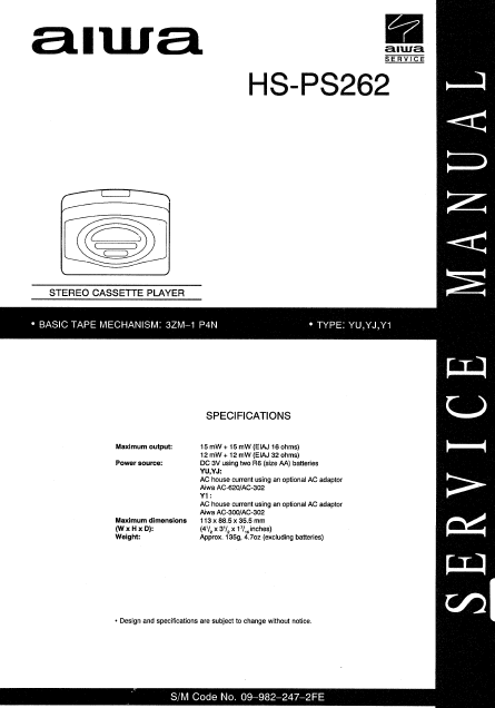 AIWA HS-PS262 Stereo Cassette Player Service Manual