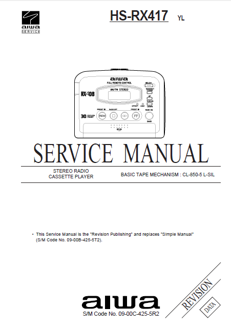AIWA HS-RX417 YL Revision Stereo Radio Cassette Player Service Manual