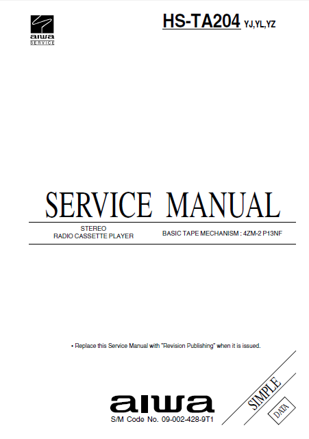 AIWA HS-TA204 Simple Stereo Radio Cassette Player Service Manual