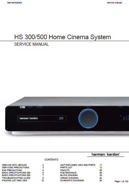 Harman Kardon Model HS 300-500 Home Cinema System Service Manual