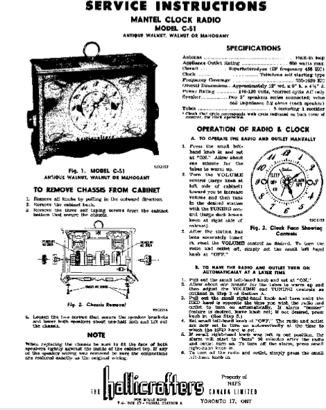 Hallicrafters Model C-15 Mantel Clock Radio Instruction Manual