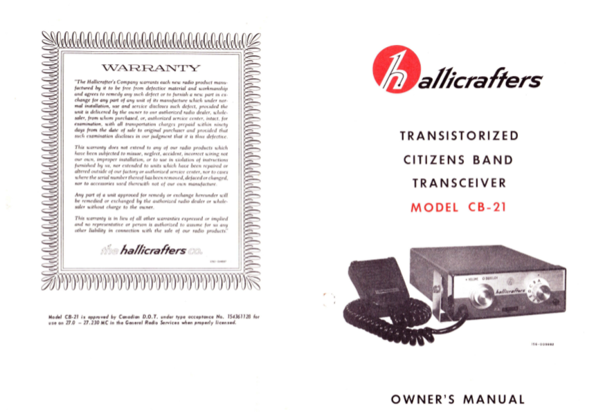 Hallicrafters Model CB-21 Transceiver Owner's Manual