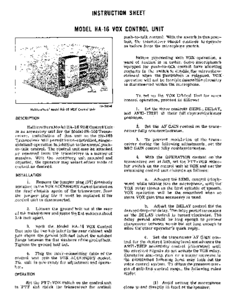 Hallicrafters Model HA-16 VOX Control Unit Instruction Manual