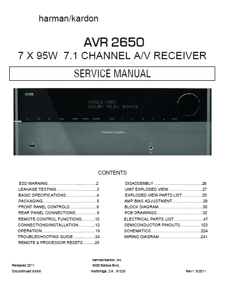 Harman Kardon Model AVR 2650 Channel AV Receiver Service Manual
