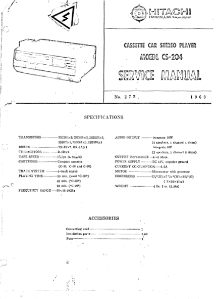 HITACHI CS-104 Cassette Car Stereo Player Service Manual