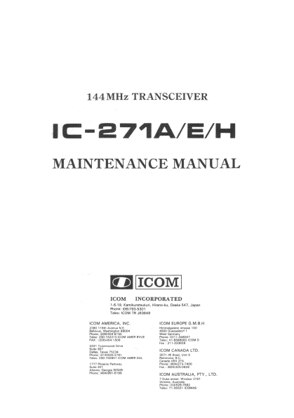 ICOM IC-271A Transceiver Maintenance Manual