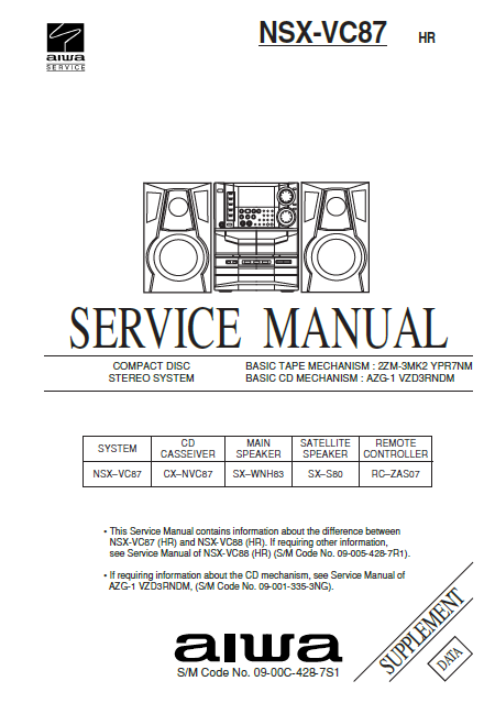 AIWA NSX-VC87 HR Supplement CD Stereo Service Manual