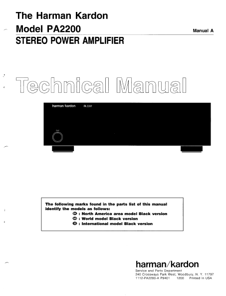Harman Kardon Model PA2200 Stereo Power Amplifier Technical Service Manual