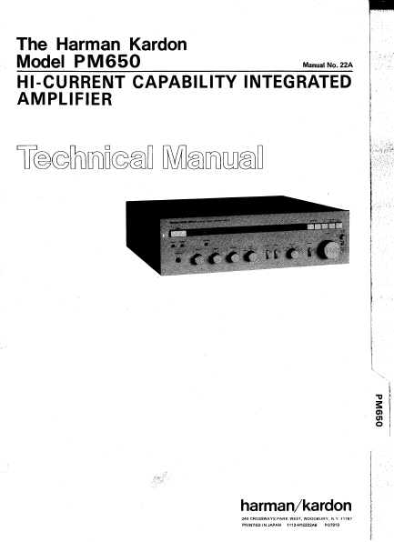Harman Kardon PM650 HI-Current Capability Integrated Amplifier Technical Service Manual