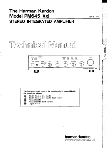 Harman Kardon PM645 Vxi Stereo Integrated Amplifier Technical Service Manual
