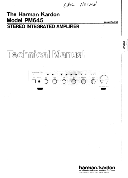 Harman Kardon PM645 Stereo Integrated Amplifier Technical Service Manual