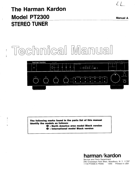 Harman Kardon PT2300 Stereo Tuner Technical Service Manual