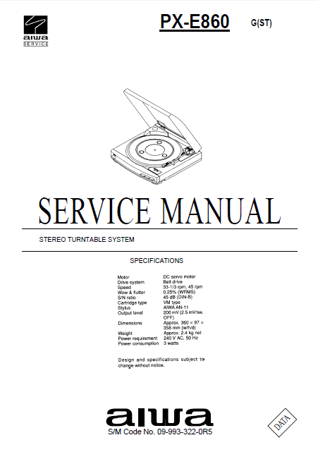 AIWA PX-E860 G Stereo Turntable Operation Manual