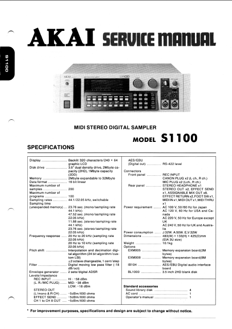 AKAI S1100 Midi Stereo Digital Sampler Service Manual