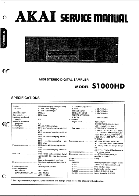 AKAI S1000HD Midi Stereo Digital Sampler Service Manual