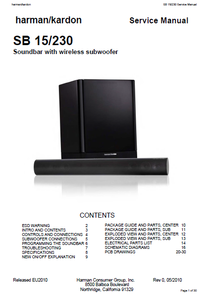 Harman Kardon SB 15-230 Soundbar with Wireless Subwoofer Service Manual