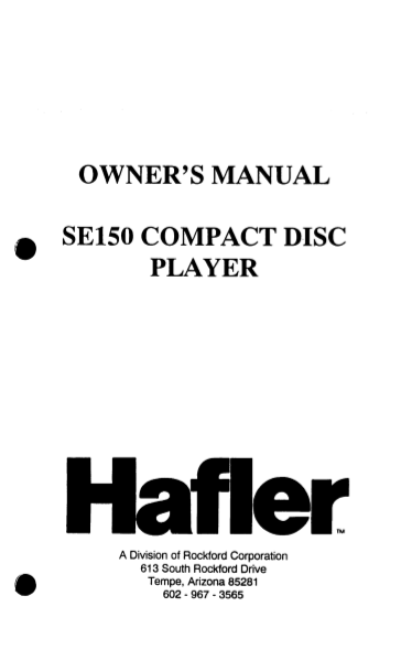 HAFLER SE150 Compact Disc Player Owner's Manual