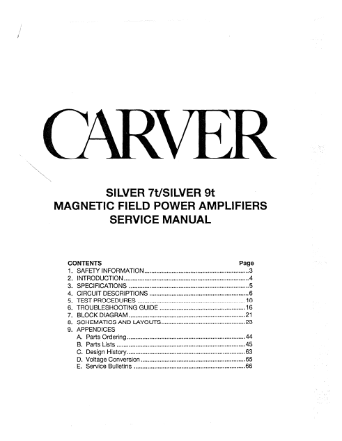 CARVER SILVER7T-9T Magnetic Power Amplifiers Service Manual